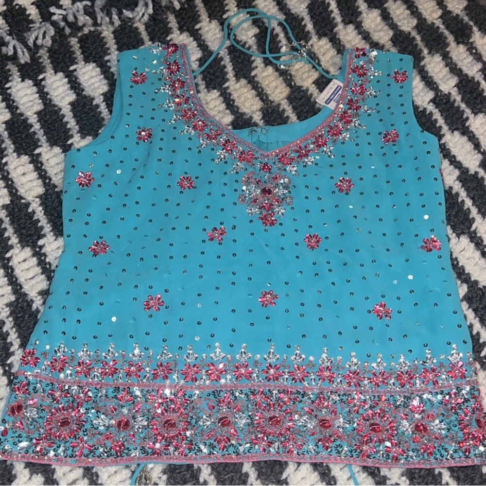 India Embellished Turquoise and Pink Women's Top
Top only